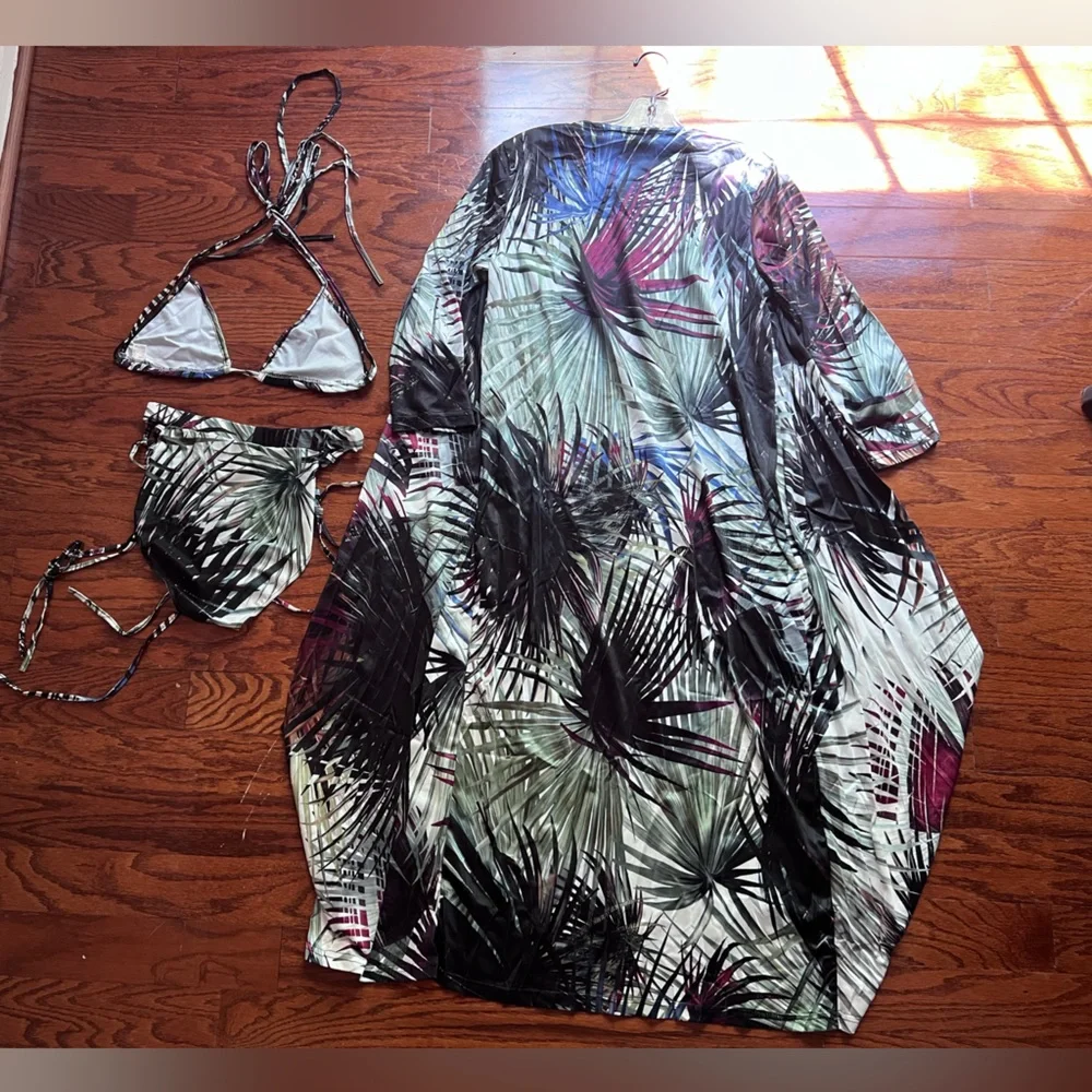 Brand New Tropical Palm Print Bikini Set with Long Cover-Up